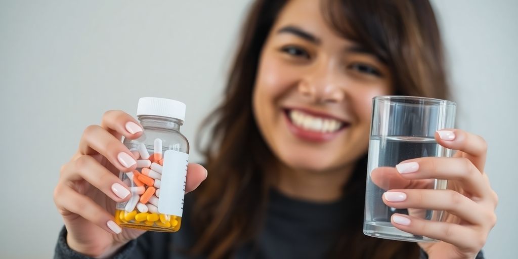Pessoa sorrindo com pílulas de emagrecimento e água.
