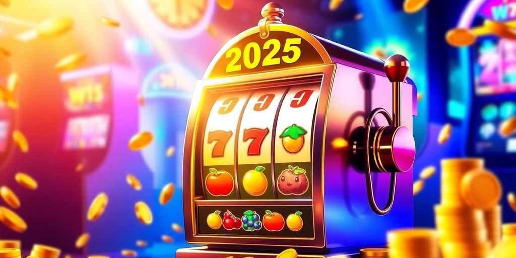 Colorful slot machine with fruit symbols and coins.