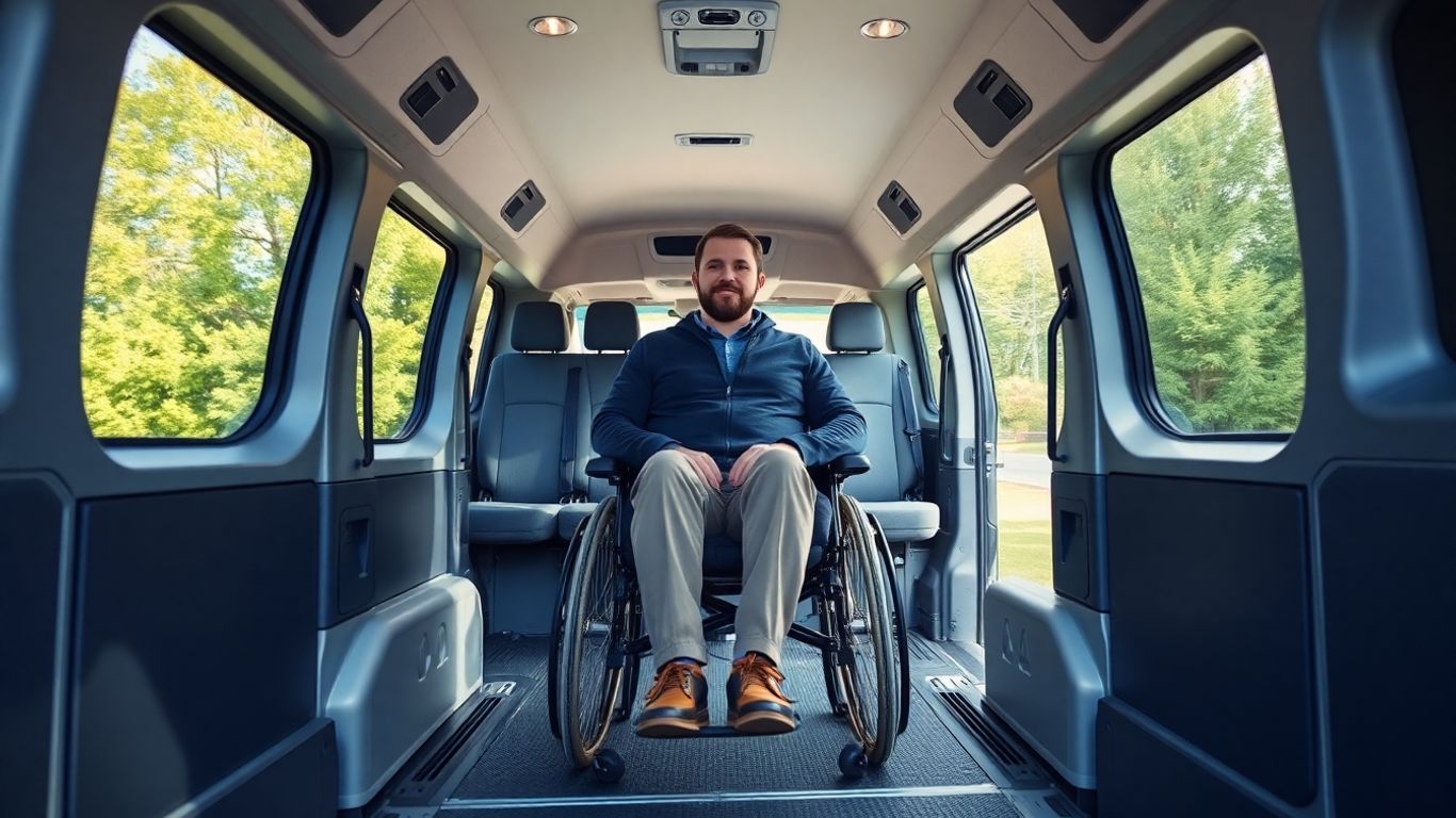 Usuario alto de silla de ruedas sentado cómodamente dentro de una espaciosa furgoneta adaptada.
