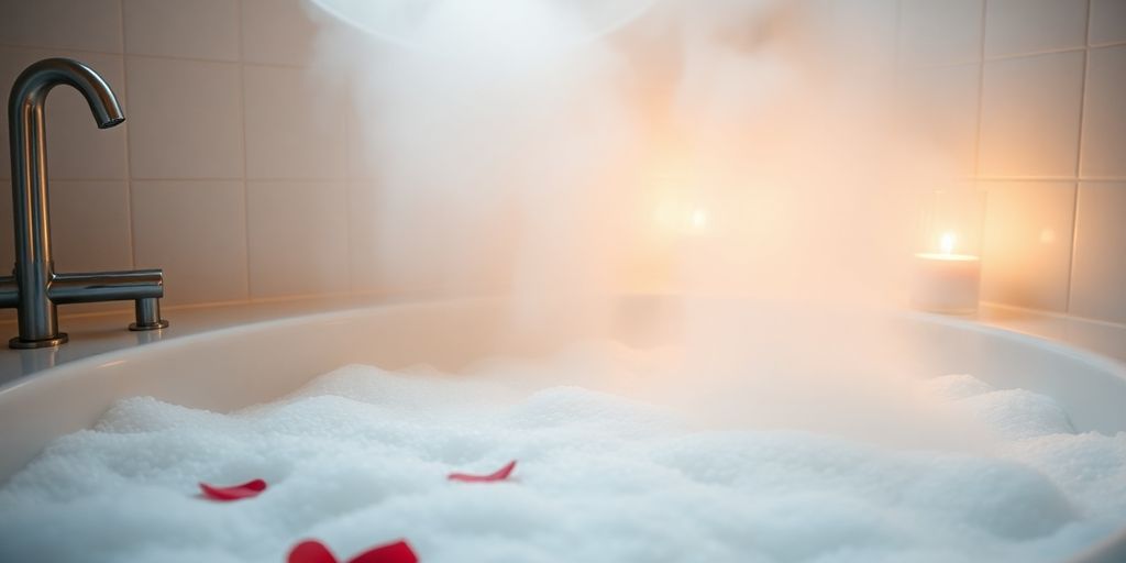 Steaming bathtub with bubbles and rose petals.