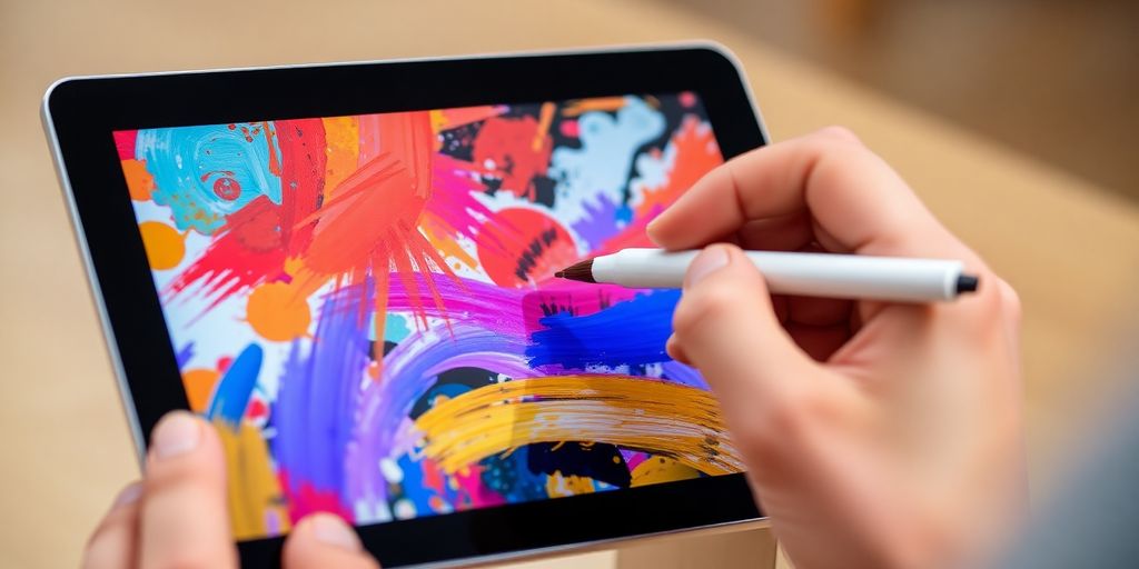 Stylus on iPad screen with digital art.