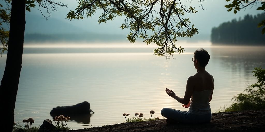 Person meditating by a peaceful lake in nature.