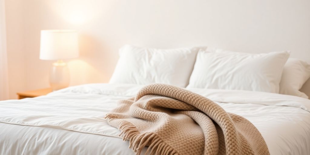 Cozy bedroom with soft lighting and comfortable bedding.