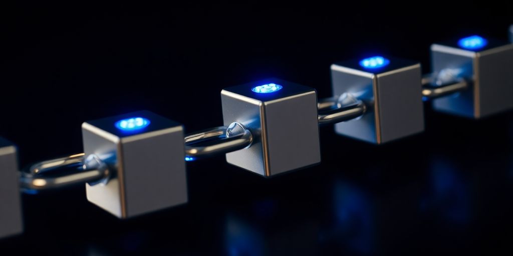 Interconnected metallic cubes with blue LED connectors forming a chain