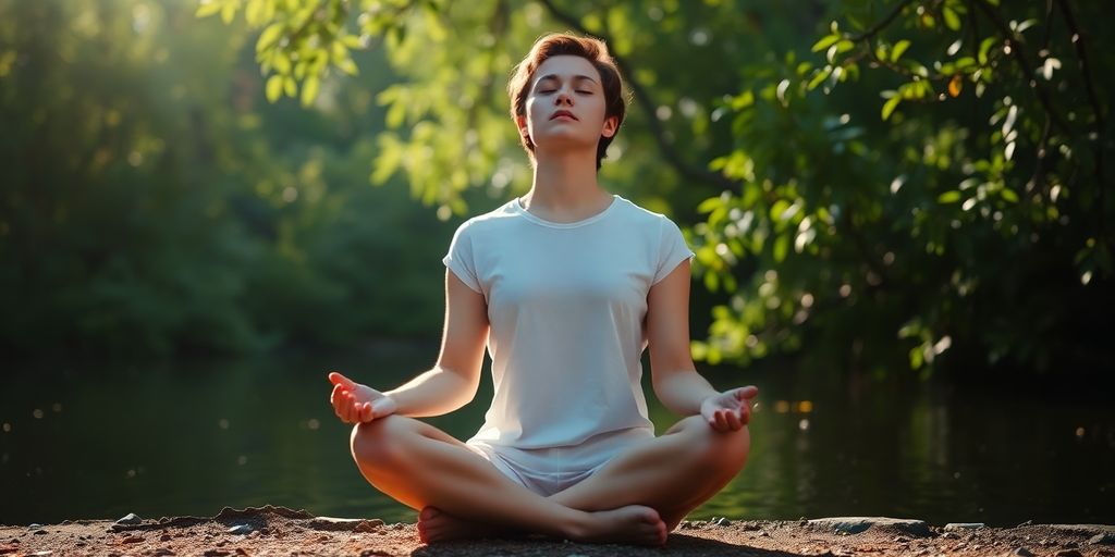 Person meditating peacefully in a serene natural setting.