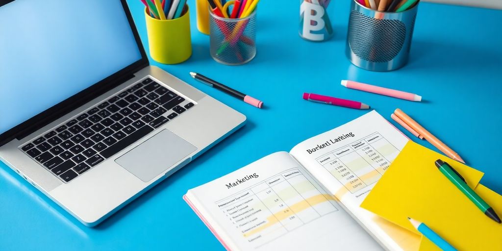 A workspace with laptop and budget planning materials.