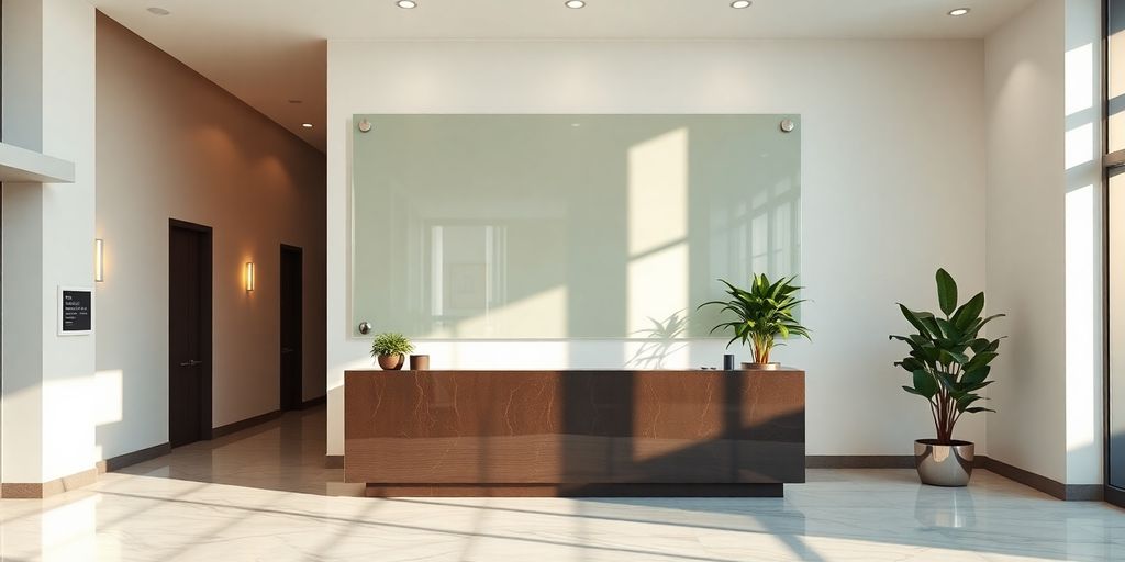 Glossy acrylic panel mounted with metal standoffs in bright lobby