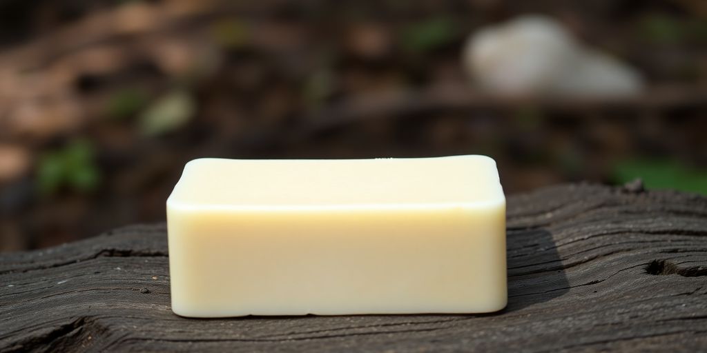 Goat milk soap bar on rustic wood