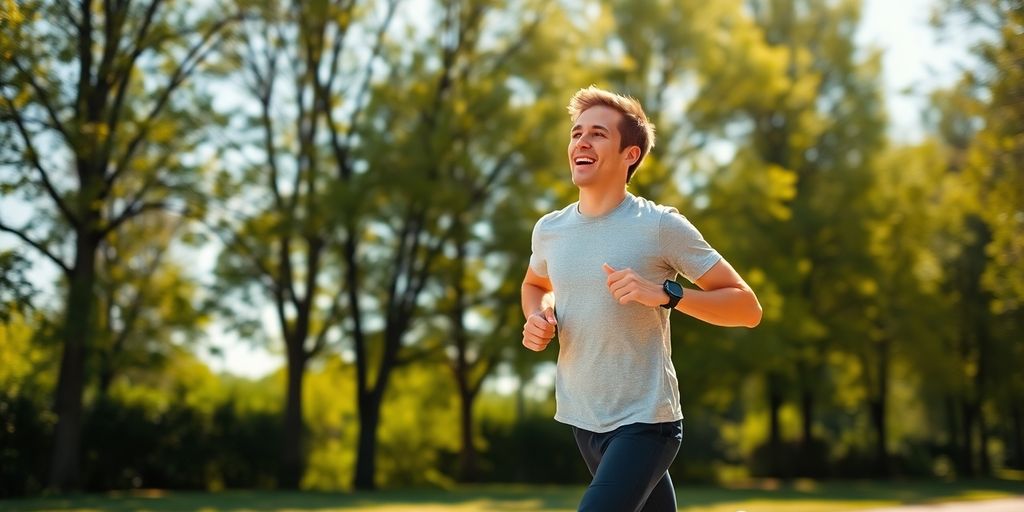 Person jogging outdoors, promoting physical exercise and positivity.