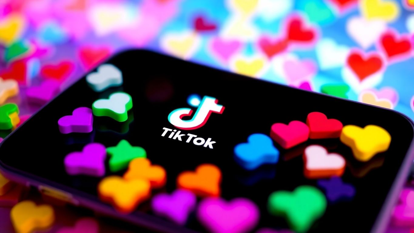 Smartphone displaying TikTok app with colorful engagement icons.