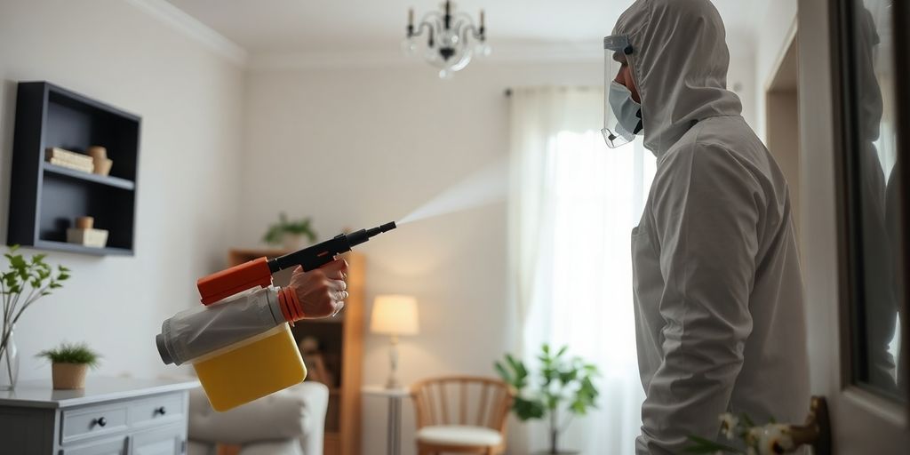 Tehnician de dezinsecție cu echipament de protecție.