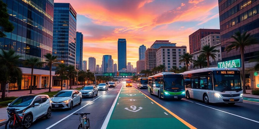 Tampa skyline with electric vehicles and smart transportation options.