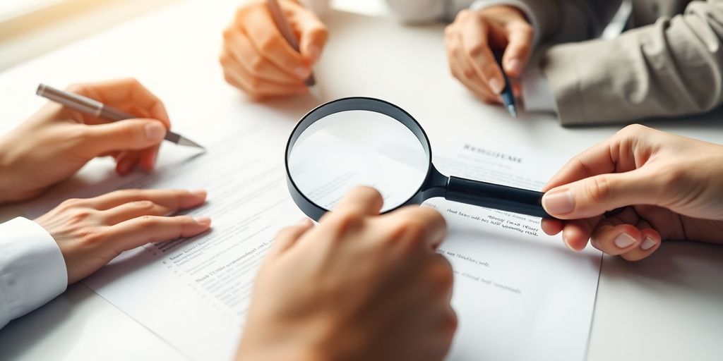 Magnifying glass over resume with diverse hands.