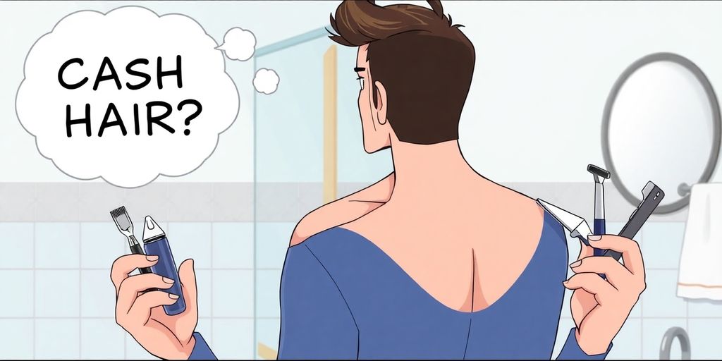 Anime man considering chest hair grooming options.