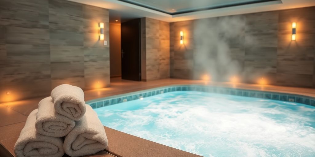 Détente dans un spa avec jacuzzi et lumières tamisées.