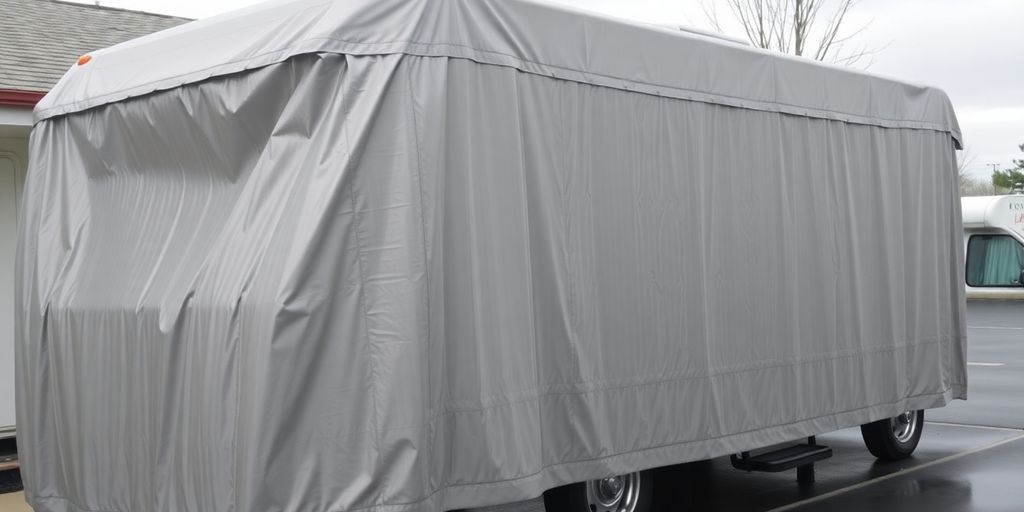 Durable metal RV cover protecting an RV from elements.