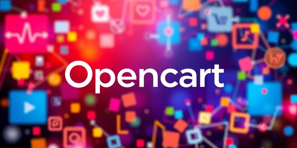 OpenCart logo with digital shopping cart elements.