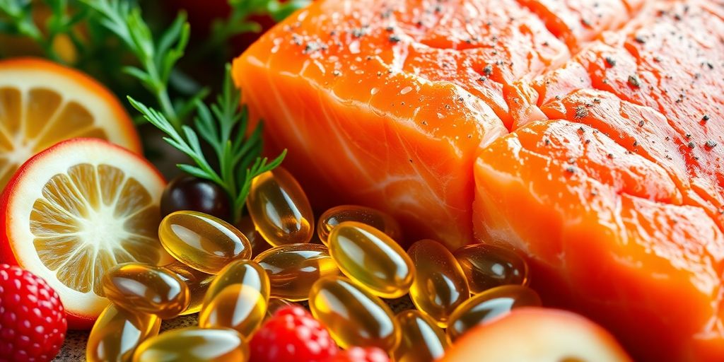 Omega 3 fish oil capsules with salmon and healthy foods.