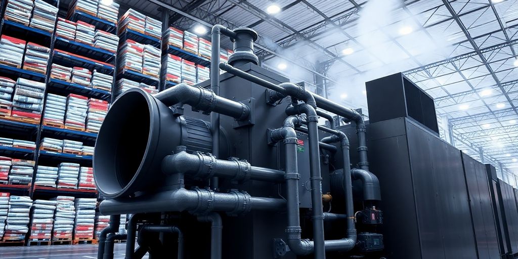 Large industrial refrigeration unit cooling a cold storage warehouse interior.