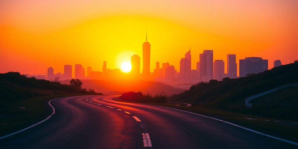 Road leading to a futuristic city with a business plan.