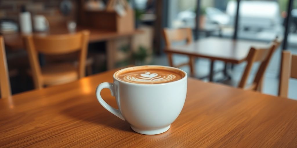 Steaming coffee cup on a wooden table.