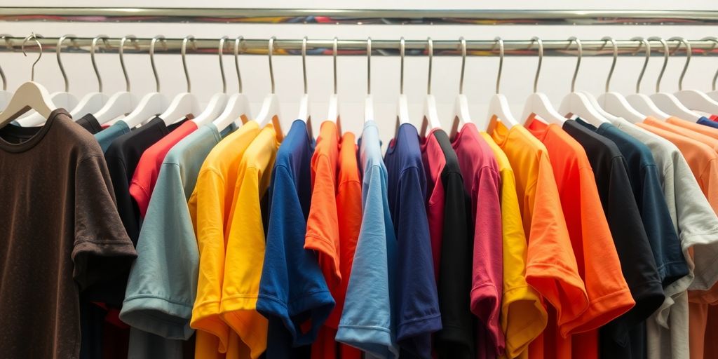 Display of various sized t-shirts on hangers.