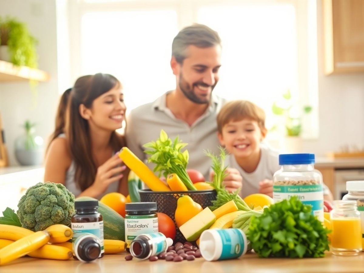 Family sharing healthy food together in a kitchen.