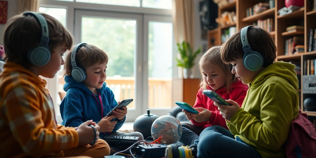 Children exploring sounds indoors with technology.