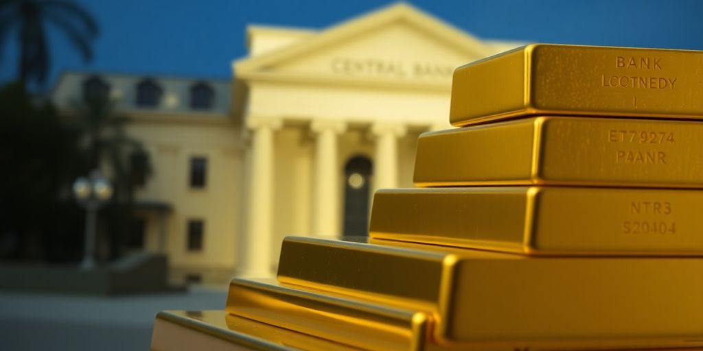Des lingots d'or empilés avec un bâtiment flou en arrière-plan.
