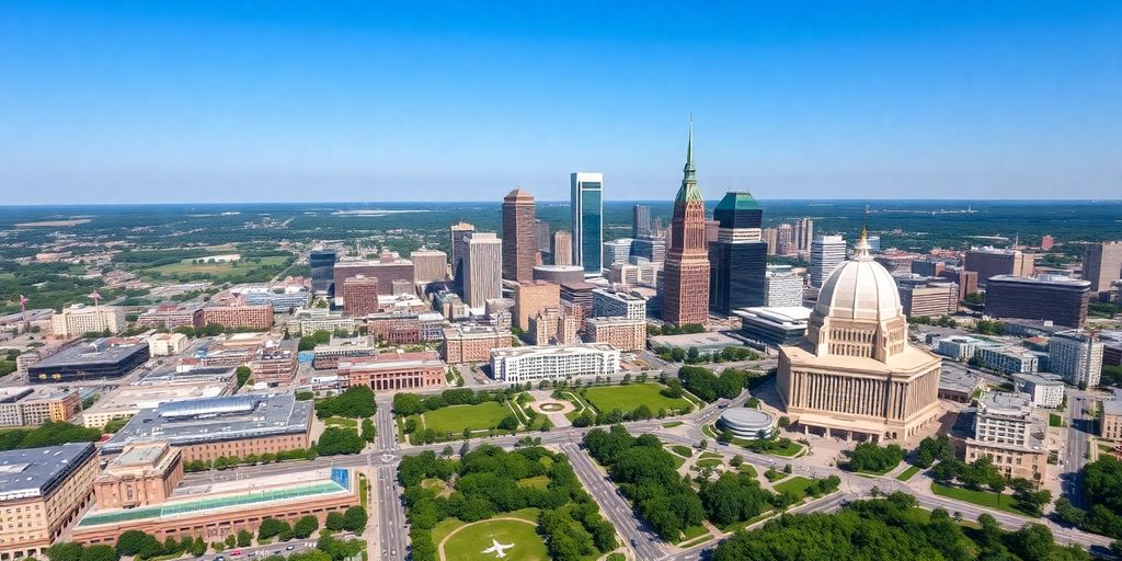 Aerial view of Dayton, Ohio featuring aerospace landmarks.