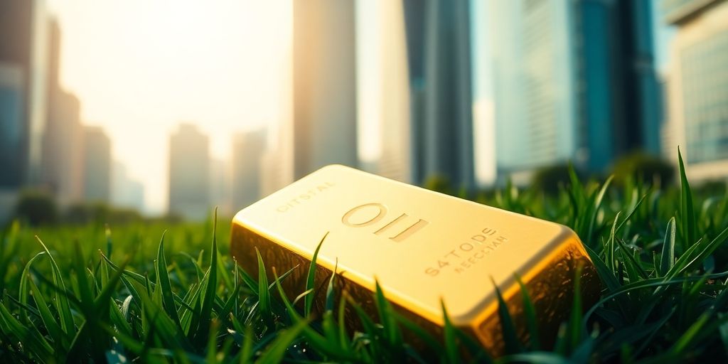 Barre d'or sur herbe avec des immeubles en arrière-plan.
