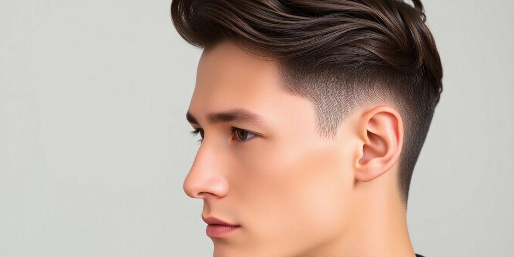 Man with sophisticated 2023 hairstyle, smooth hair, neutral background.