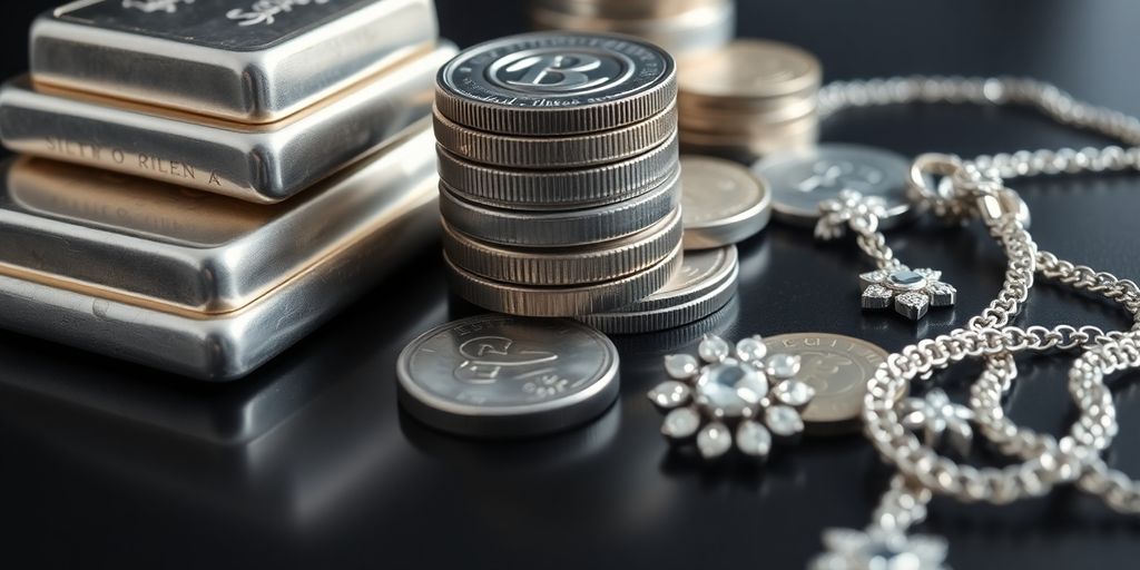 Lingots d'argent, pièces d'argent, bijoux argentés