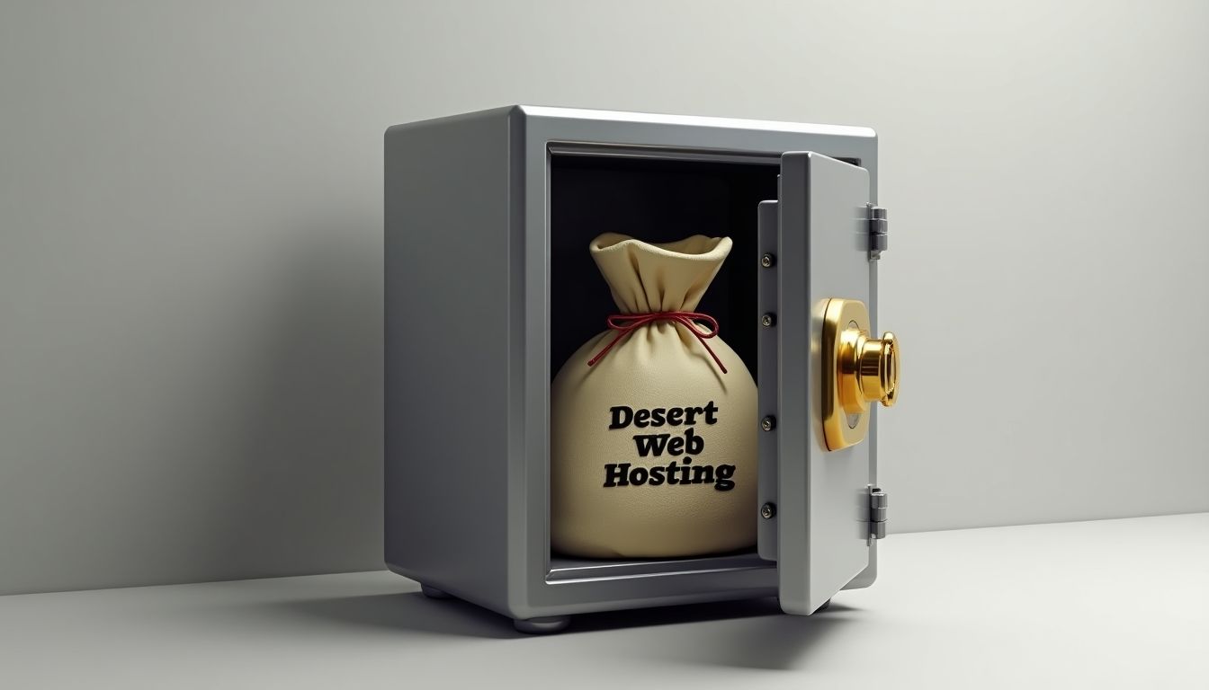 Open safe with a bank bag labeled Desert Web Hosting.