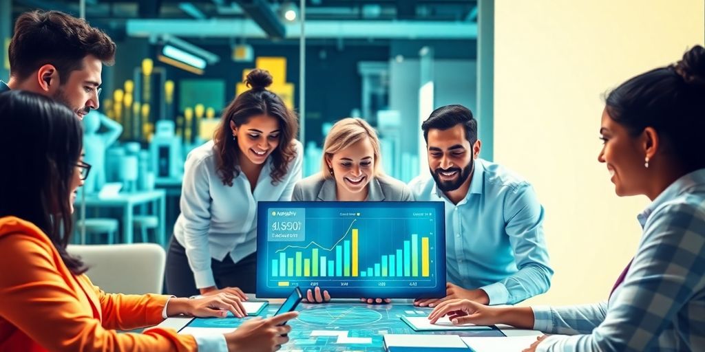 Profissionais de marketing colaborando com tecnologia avançada.