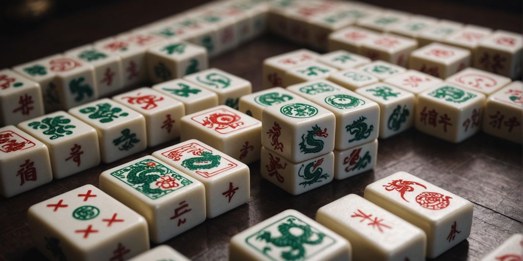 Mahjong dragon tiles arranged strategically on a table.