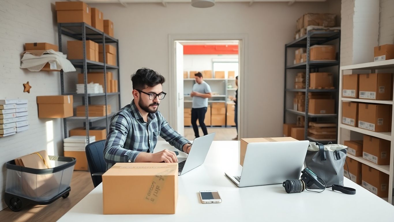Entrepreneur packing parcels by laptop, smartphone nearby, shelves stocked behind.