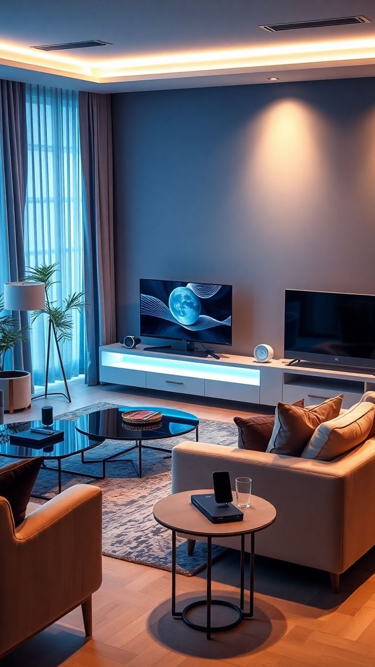 Modern living room with smart technology and stylish decor.