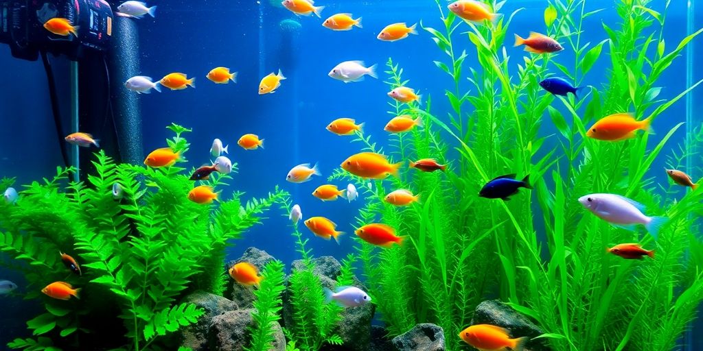 Peces coloridos nadando en un tanque de acuario exuberante.