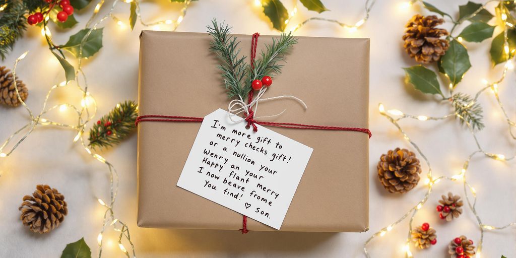 A wrapped DIY Christmas gift with festive decorations.