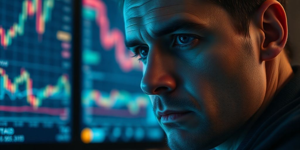 Trader thoughtfully observing financial market activity on screen.