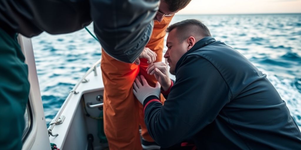Offshore worker injured, receiving care on a boat.