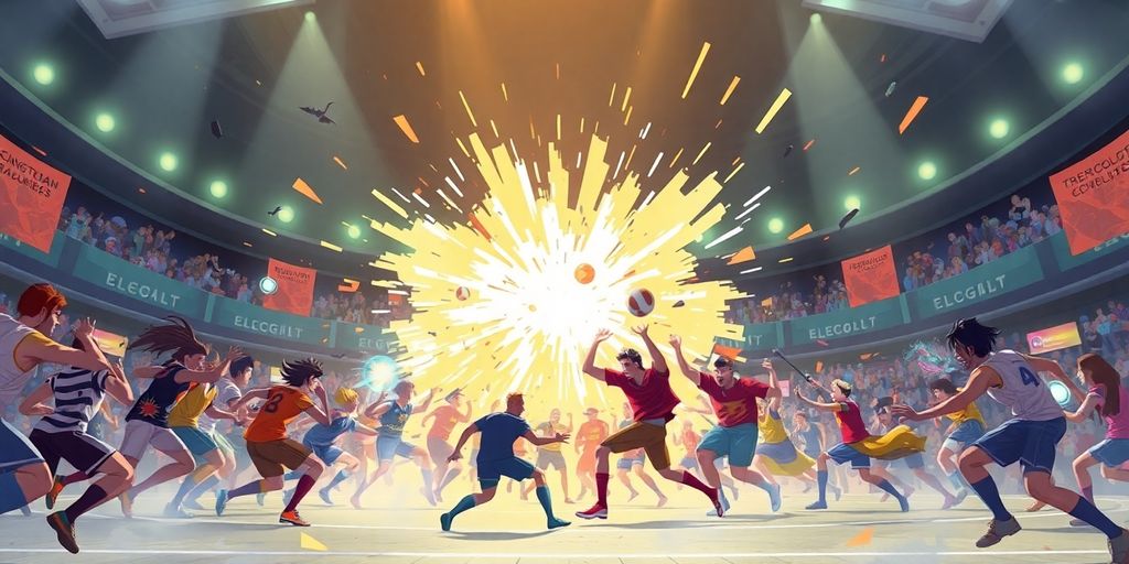 Teams competing in a vibrant, futuristic arena.