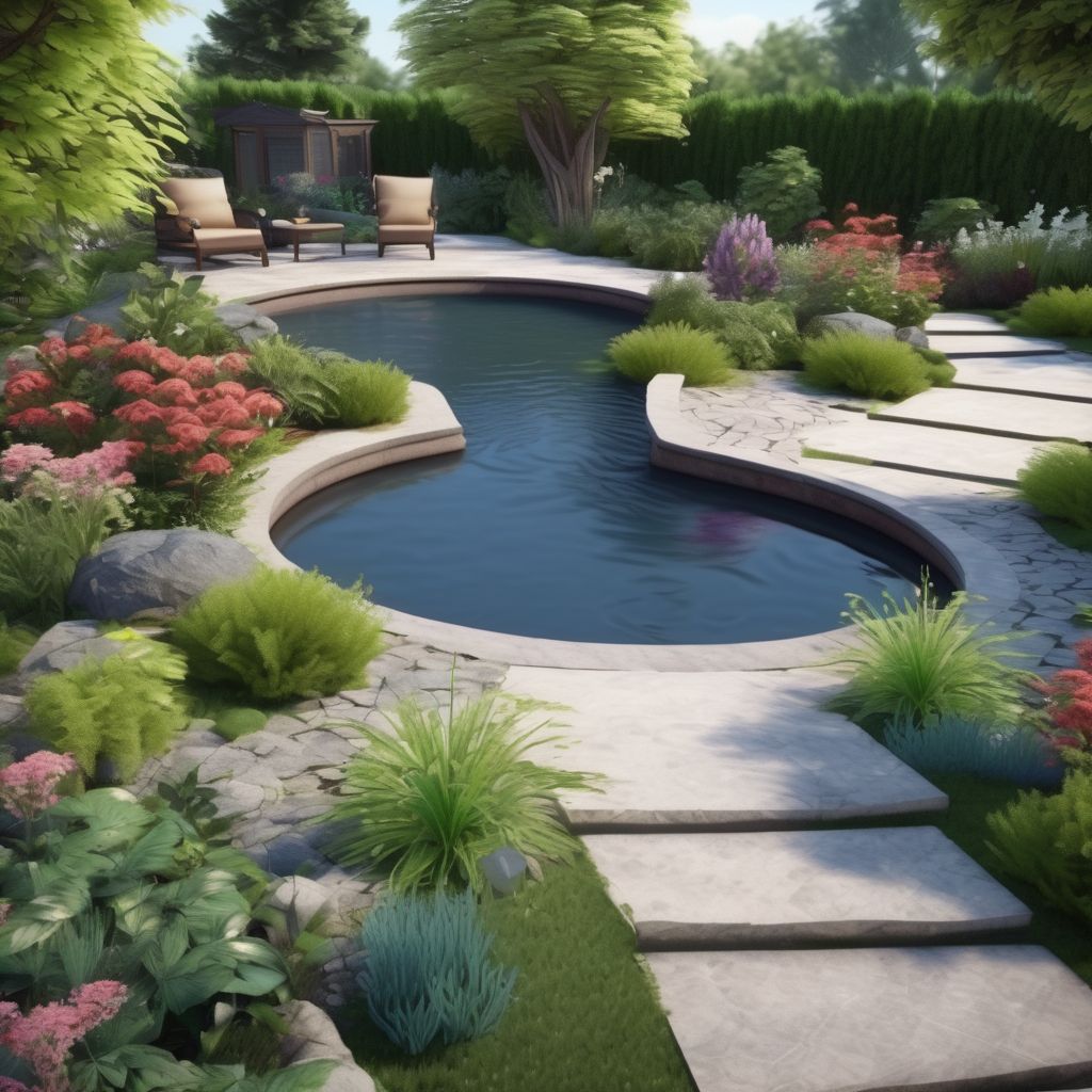 beautiful garden landscaping with various features like ponds, pathways, and plants