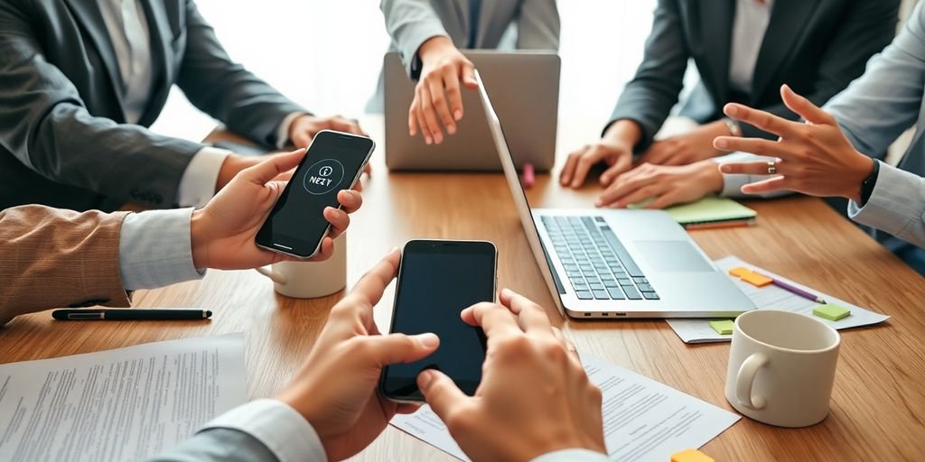 Three professionals’ hands around table with devices and colorful notes