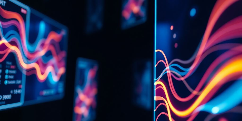 Futuristic AI app interfaces on glowing screens.