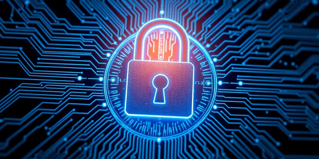 Digital padlock with circuit patterns in blue lighting.