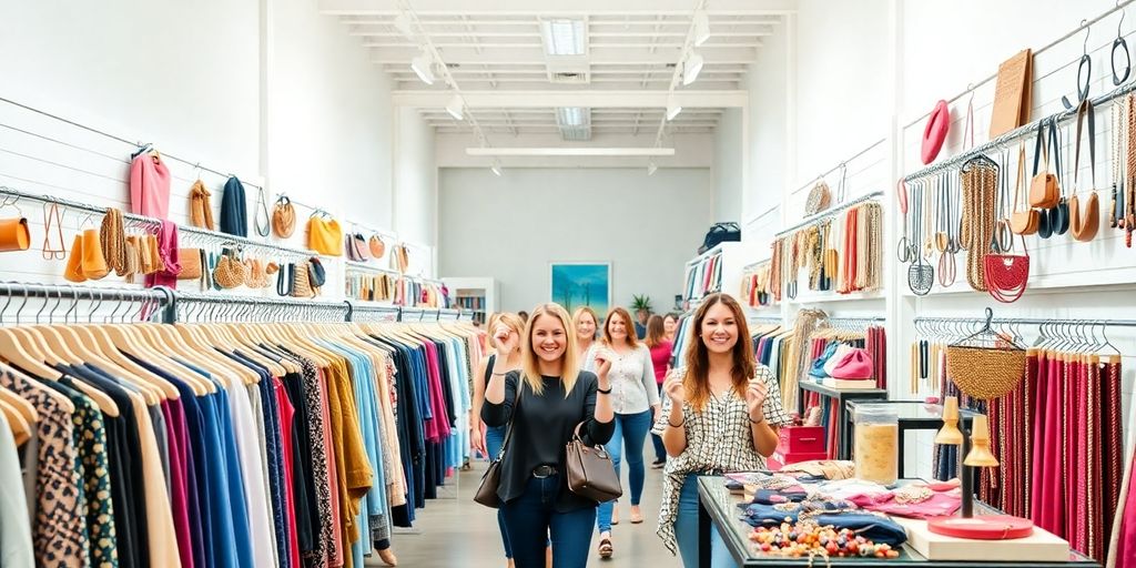 Happy customers discover items in a well-lit consignment shop.
