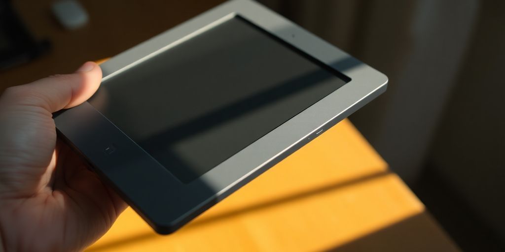 Hand holding e-reader with matte screen in warm soft sunlight.