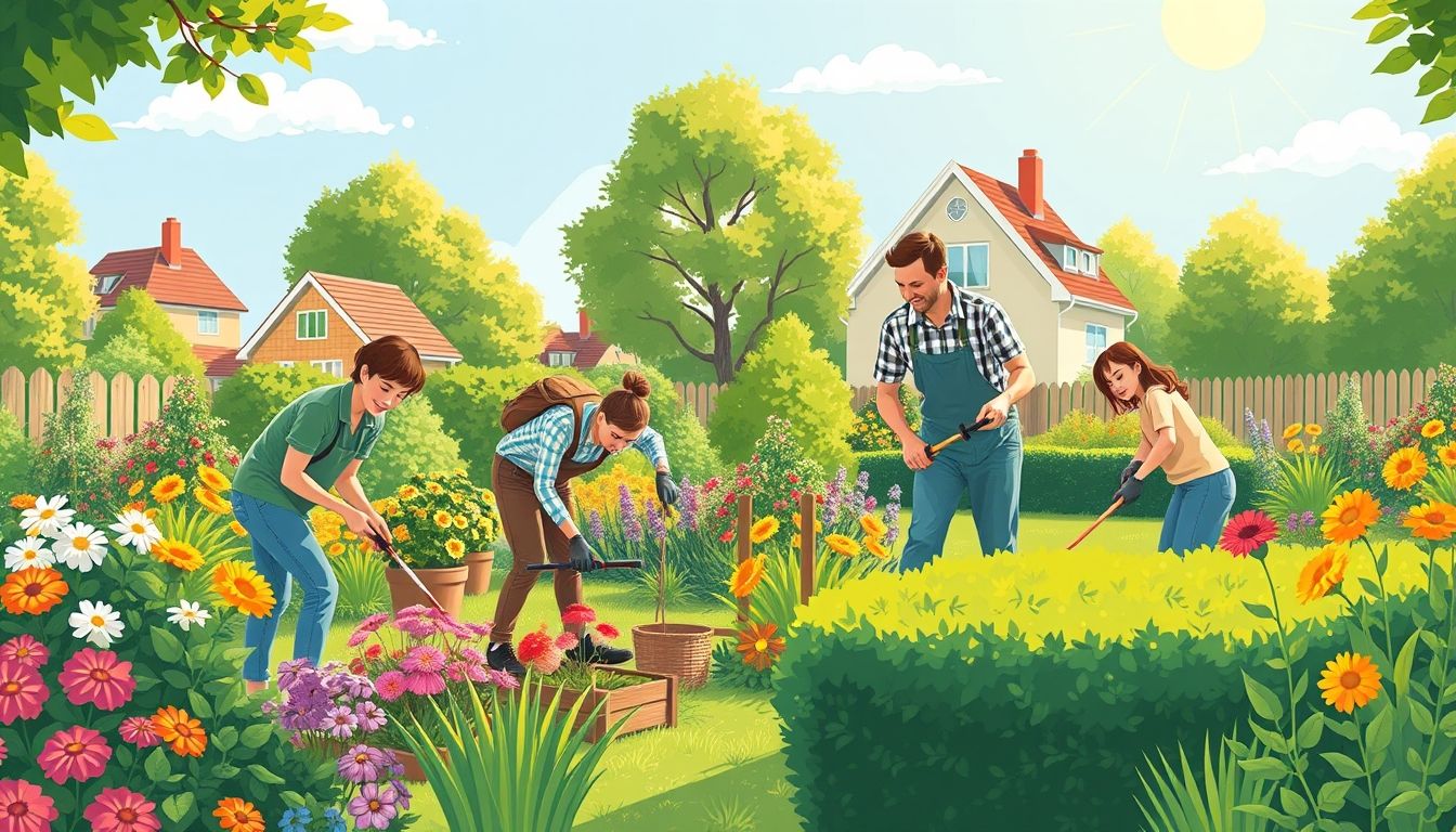 Neighbours gardening together in a lush garden.